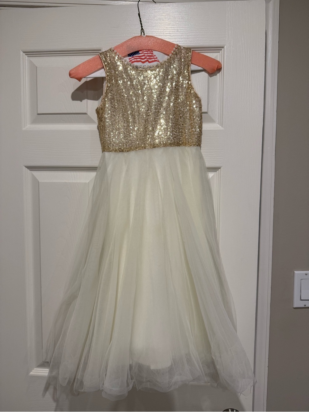 Girls Gold Sequin Bodice Cream Tulle Party Dress